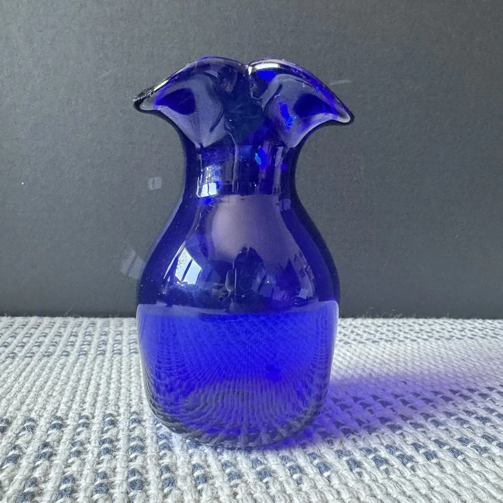 Stunning Vintage Cobalt Blue Ruffled Rim Glass Vase With Bottom Pontil Marking